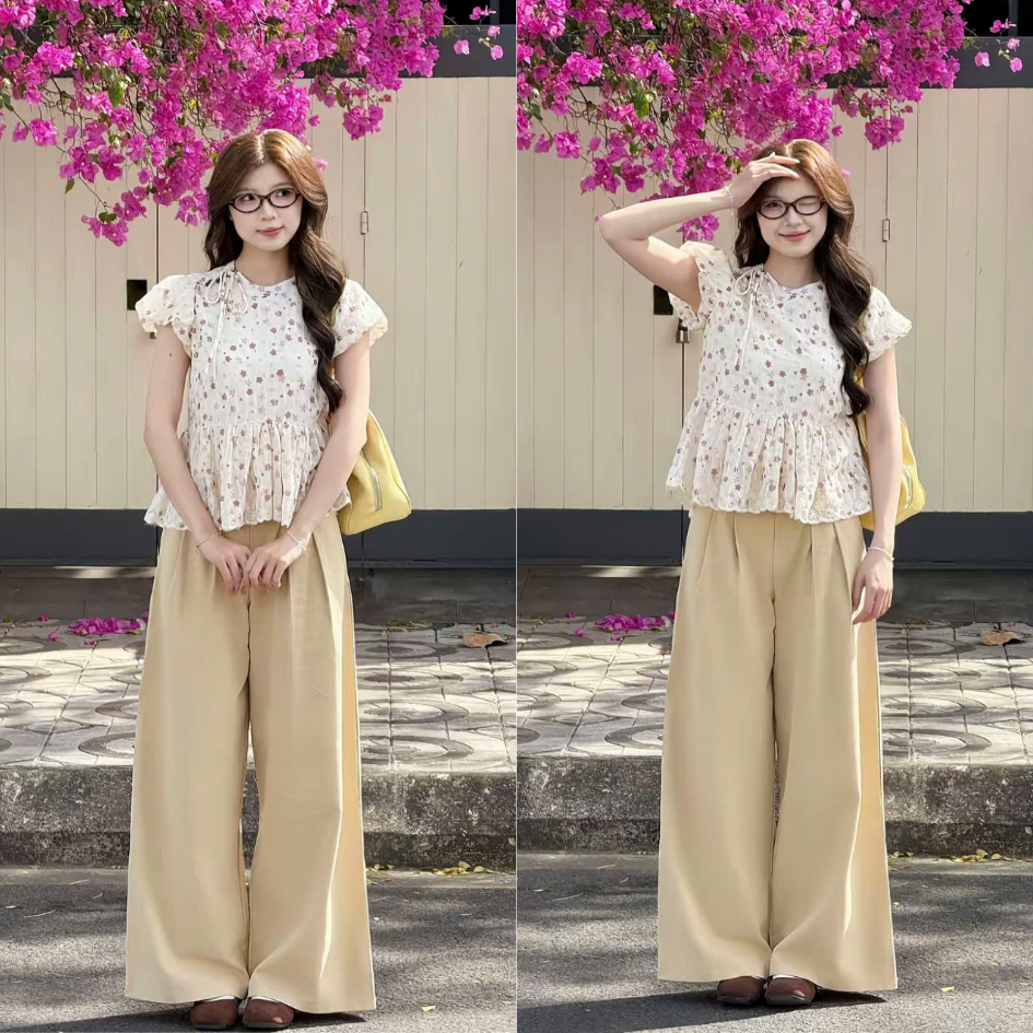 Áo babydoll hoa hồng chất tho boil tay bồng phối dây buộc nơ xinh xắn TAM A82