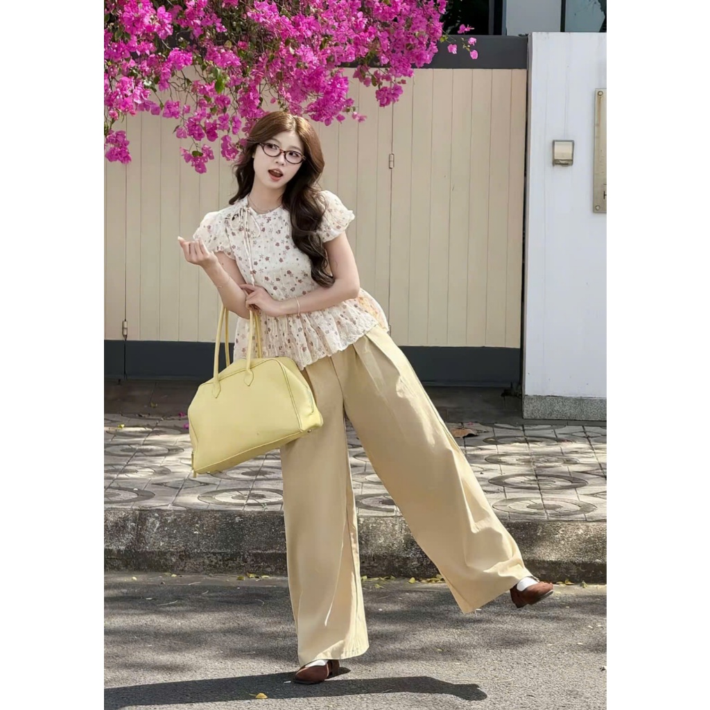 Áo babydoll hoa hồng chất tho boil tay bồng phối dây buộc nơ xinh xắn TAM A82