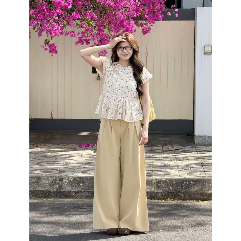 Áo babydoll hoa hồng chất tho boil tay bồng phối dây buộc nơ xinh xắn TAM A82