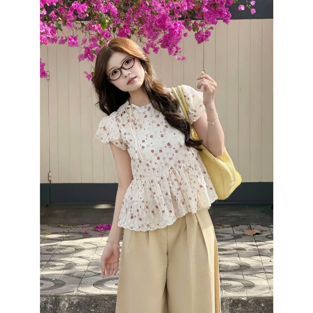 Áo babydoll hoa hồng chất tho boil tay bồng phối dây buộc nơ xinh xắn TAM A82