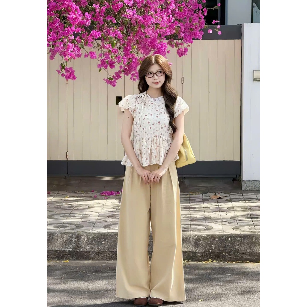 Áo babydoll hoa hồng chất tho boil tay bồng phối dây buộc nơ xinh xắn TAM A82