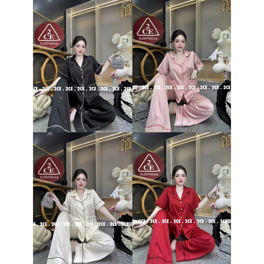 40-62kg Bộ pijama NÚT ĐÁ mặc nhà cho nữ 2 túi trơn lụa vân Bươm siêu sang