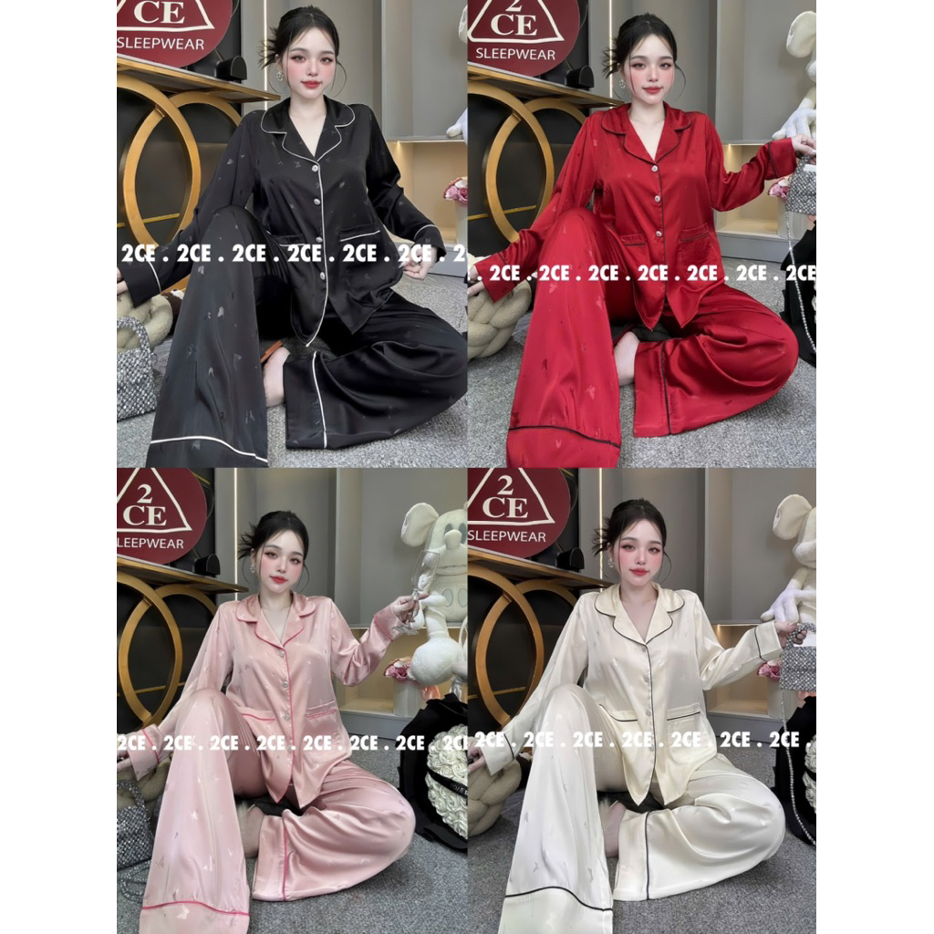 40-62kg Bộ pijama NÚT ĐÁ mặc nhà cho nữ 2 túi trơn lụa vân Bươm siêu sang
