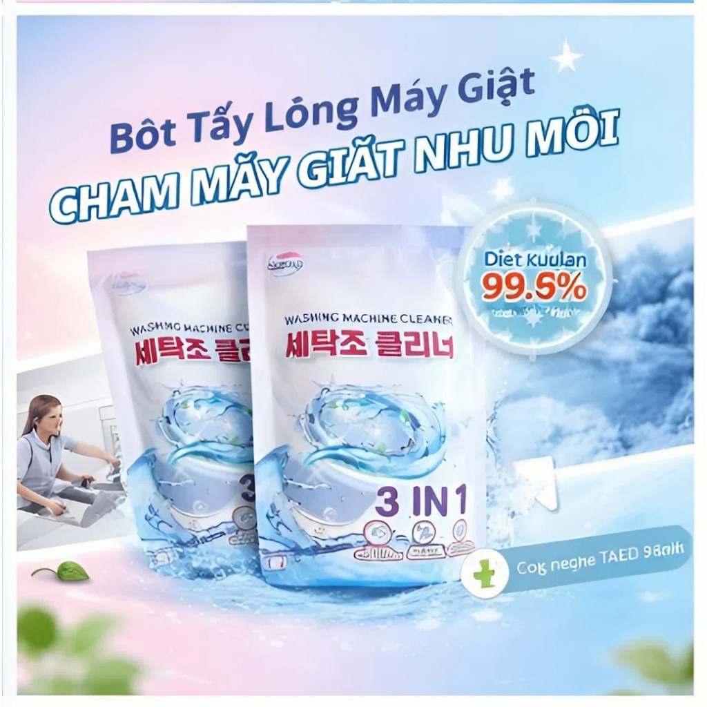 Combo Tẩy Lồng Máy Giặt Và 1 Vỉ Viên Thả Bồn Cầu Cleavo Tẩy Sạch Mọi Vết Bẩn