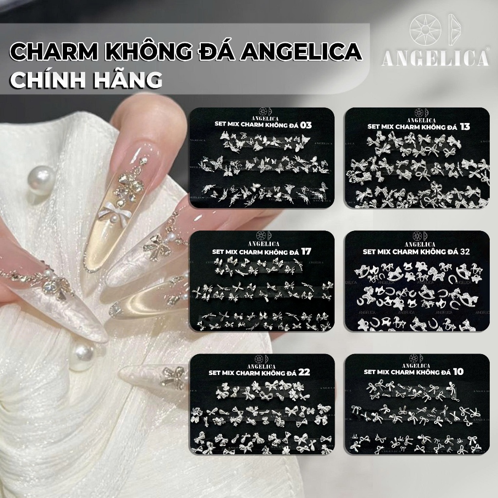 Set 50 Charm Không Đá Nail Kim Loại  Ánh Bạc ANGELICA Cao Cấp - Trang Trí Móng Nail