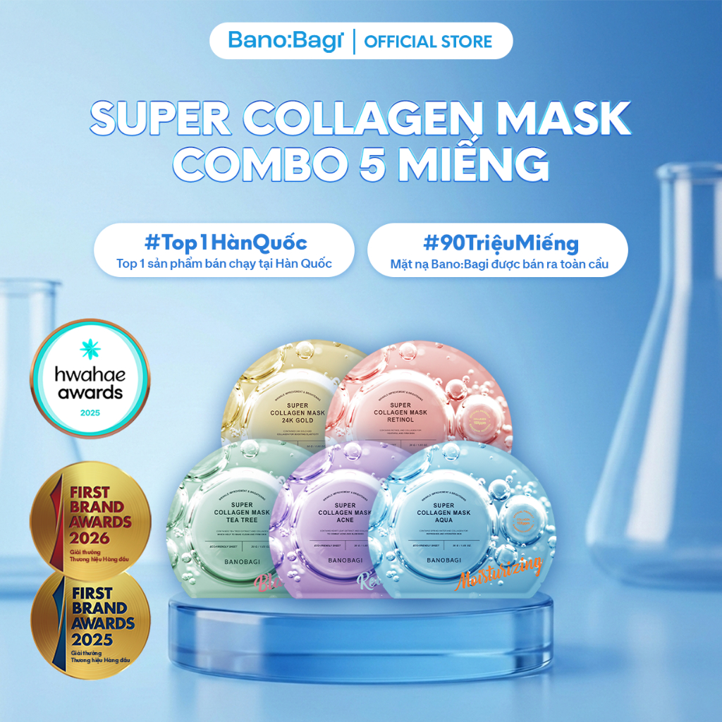 COMBO 5 Miếng Mặt Nạ Bano:Bagi Super Collagen Dưỡng Da Chuyên Sâu Dành Cho Mọi Loại Da 30ml