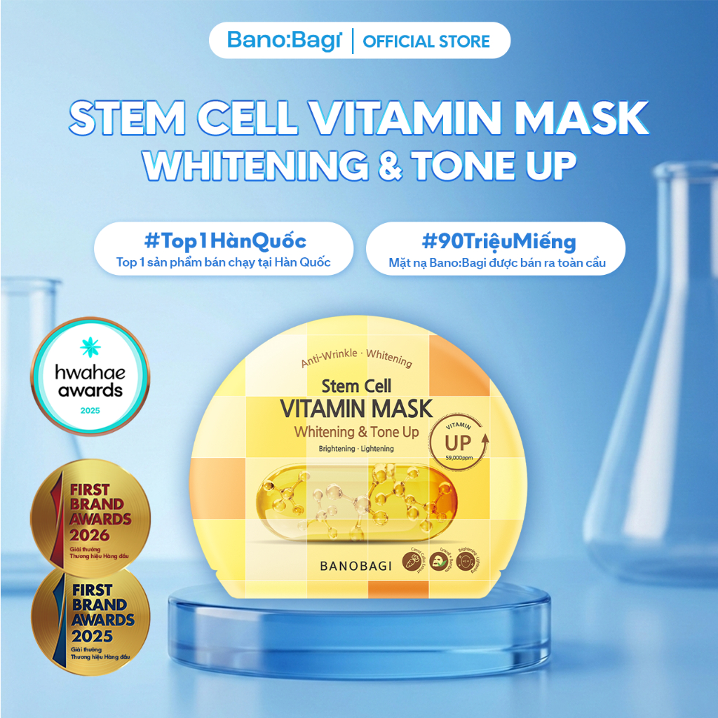 Mặt Nạ Bano:Bagi Stem Cell Vitamin Mask Whitening & Tone-up chức năng kép dưỡng trắng và nâng tone 30ml