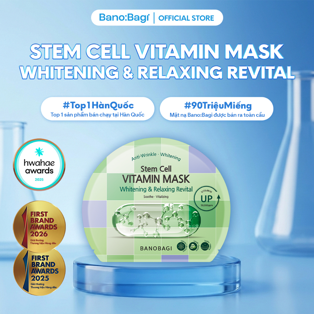 Mặt Nạ Bano:Bagi Stem Cell Vitamin Mask Whitening & Relaxing Revital chức năng kép dưỡng trắng và làm dịu da 30ml