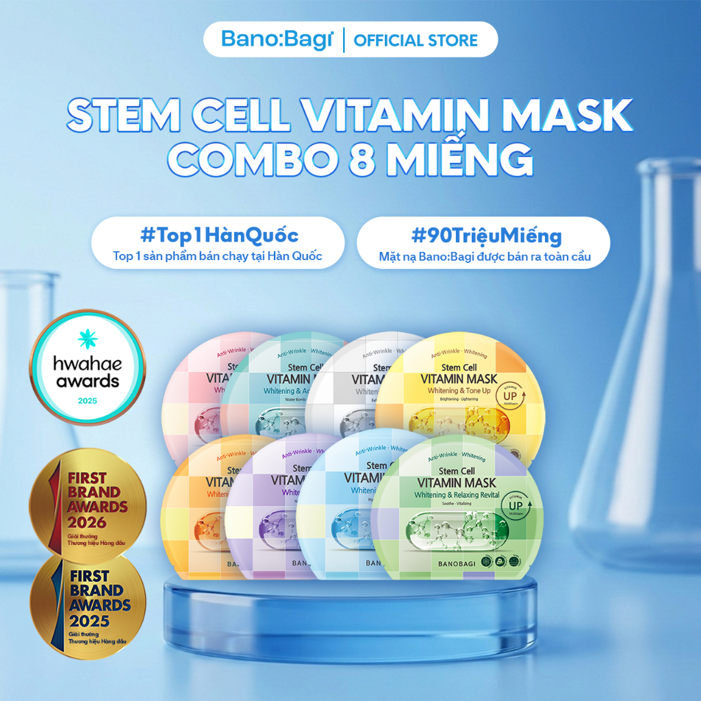COMBO 8 Miếng Mặt Nạ Bano:Bagi Stem Cell Vitamin Mask Dưỡng Da Chuyên Sâu Dành Cho Mọi Loại Da 30ml
