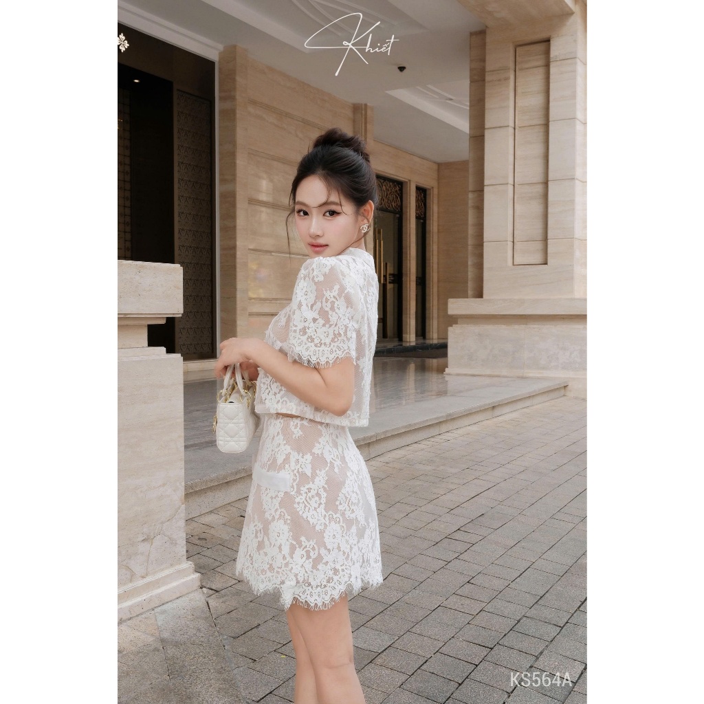 Set váy ren hoa mi trắng phối nơ phong cách nữ tính ngọt ngào Khiết KS564 KS564A
