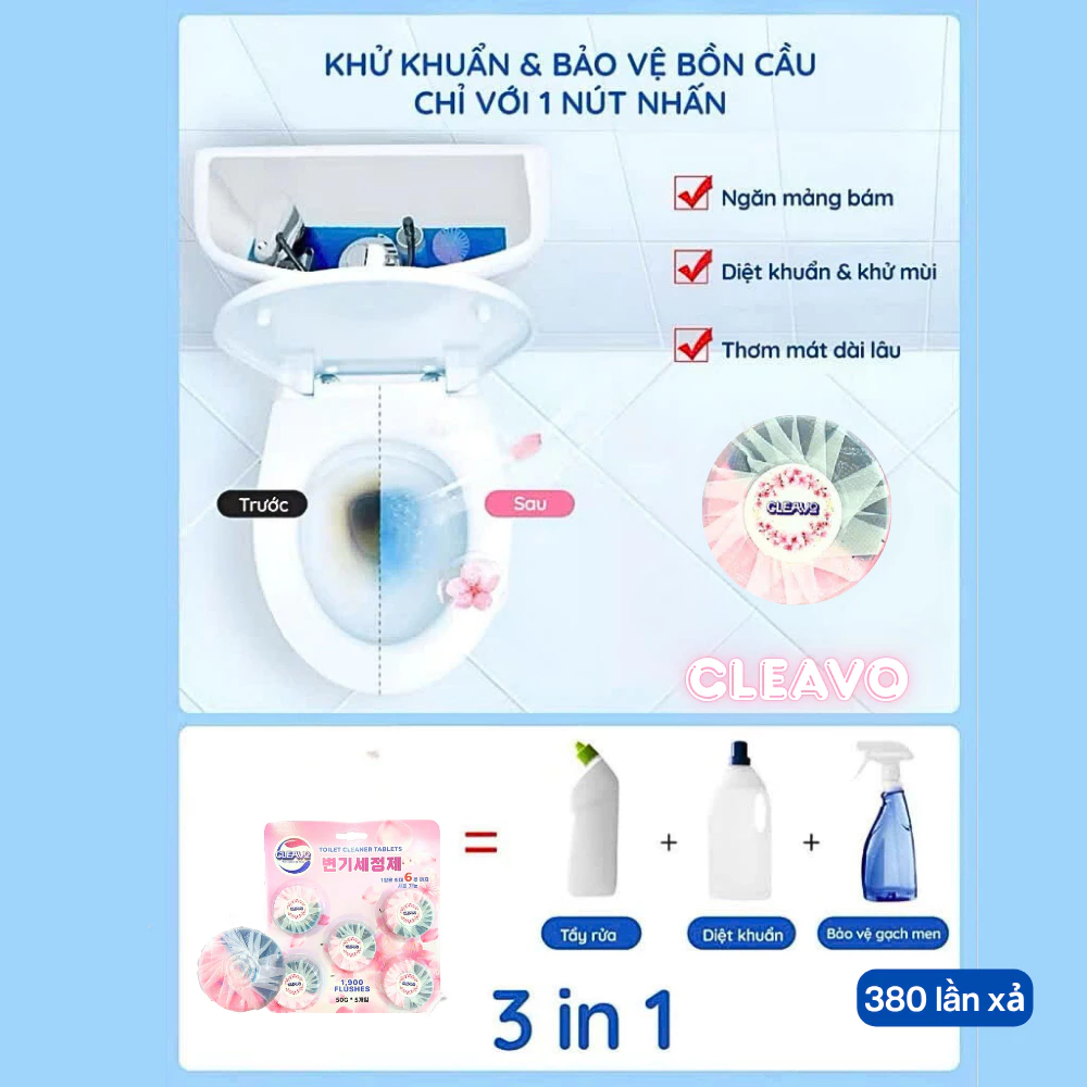 Combo Tẩy Lồng Máy Giặt Và 1 Vỉ Viên Thả Bồn Cầu Cleavo Tẩy Sạch Mọi Vết Bẩn