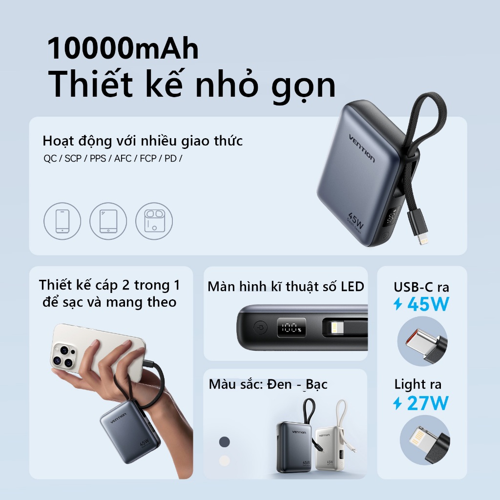 Pin Sạc Dự Phòng 10000mAh 45W Vention, Tích Hợp Dây Sạc Type-C & Light,Hỗ Trợ Sạc Nhanh PD, Thiết Kế Nhỏ Gọn