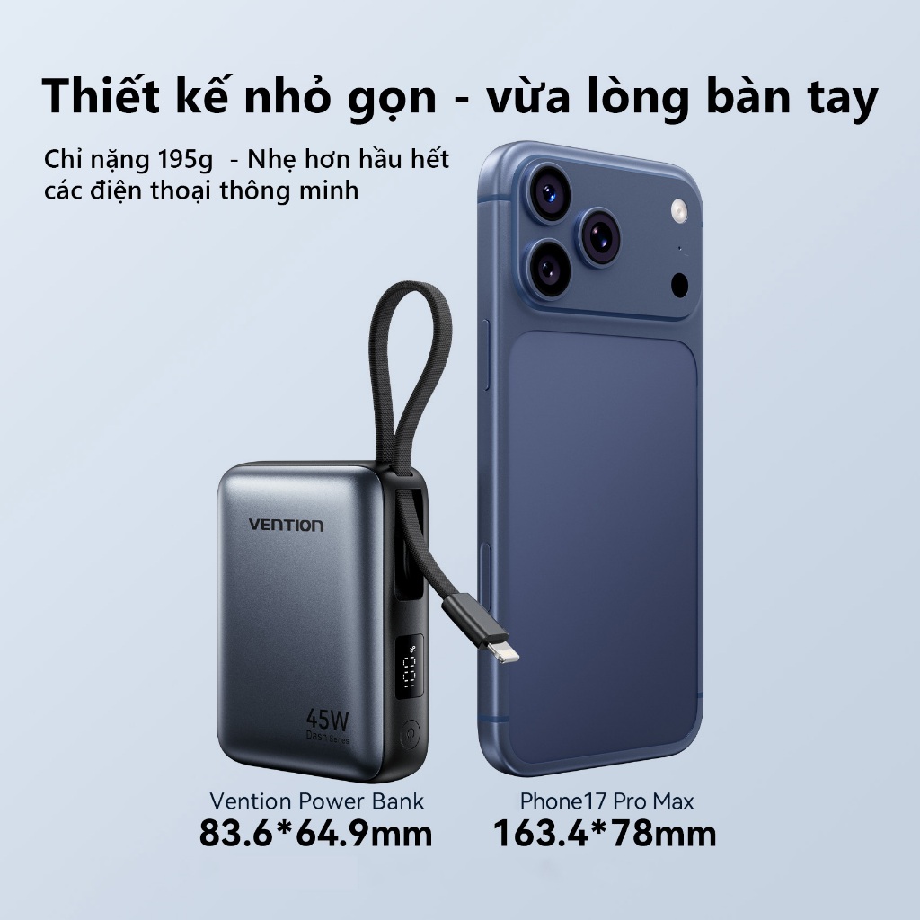 Pin Sạc Dự Phòng 10000mAh 45W Vention, Tích Hợp Dây Sạc Type-C & Light,Hỗ Trợ Sạc Nhanh PD, Thiết Kế Nhỏ Gọn