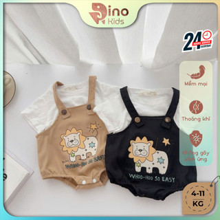Set body yếm sư tử kèm áo cotton cho bé 4-11Kg. Bodysuit kaki cho bé đi chơi, đầy tháng. Dino Kids