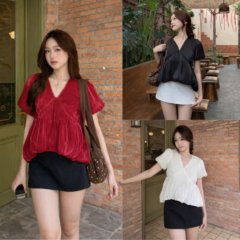 Áo babydoll tơ nữ dáng xuông cổ V phối tay bồng tiểu thư mặc đi làm đi chơi LABEL A86