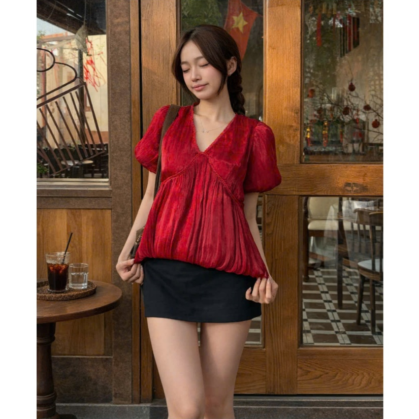 Áo babydoll tơ nữ dáng xuông cổ V phối tay bồng tiểu thư mặc đi làm đi chơi LABEL A86