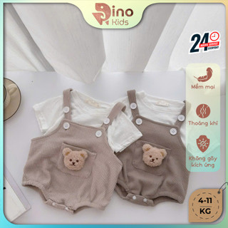 Set Bodysuit yếm 2 dây gấu kèm áo cotton cho bé 4-11Kg. Bộ đồ đầy tháng, thôi nôi cho bé. Dino Kids