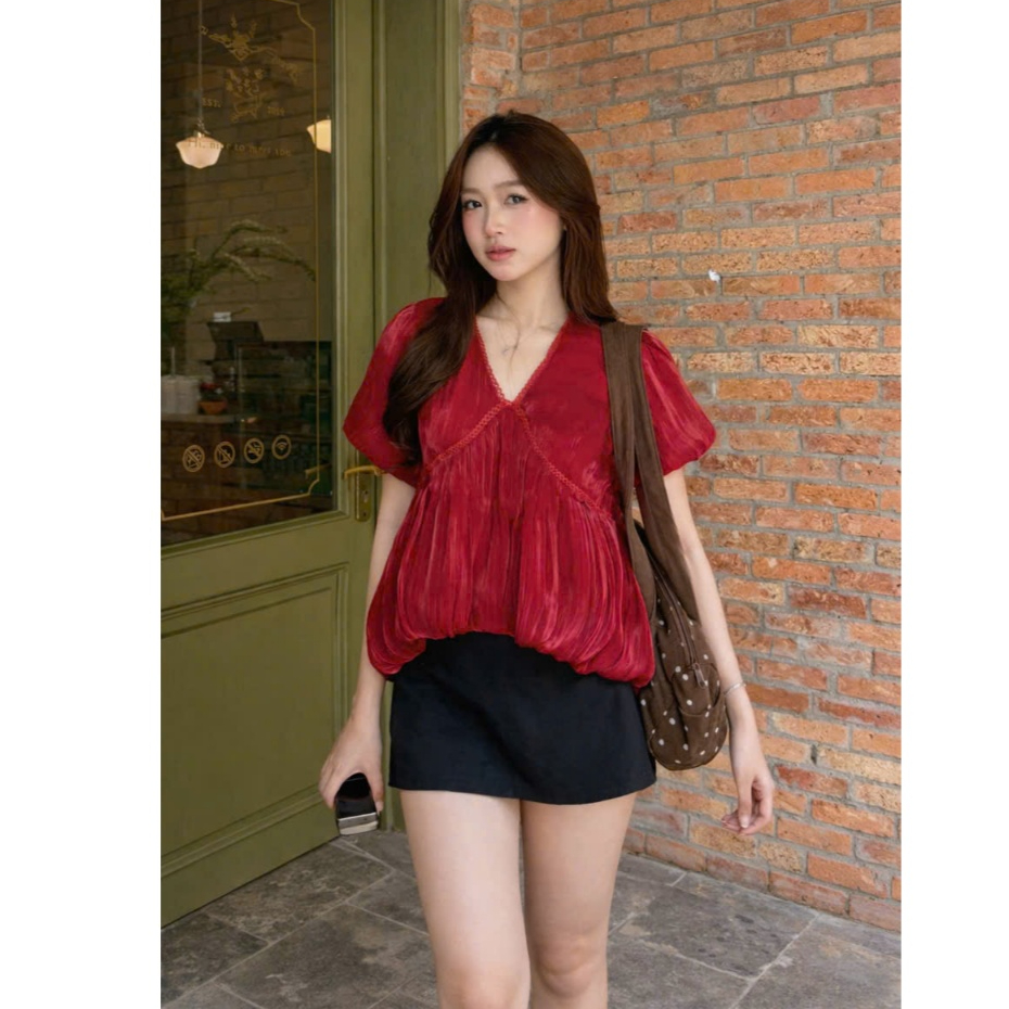Áo babydoll tơ nữ dáng xuông cổ V phối tay bồng tiểu thư mặc đi làm đi chơi LABEL A86