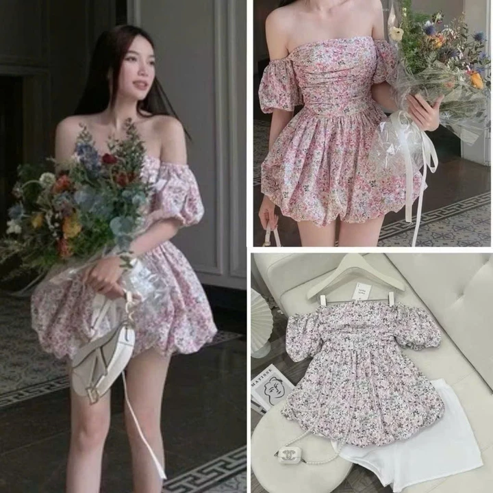 Váy hoa nhí cup ngực dáng xòe siêu xinh phong cách tiểu thư siêu xinh, Set váy hoa nhí tay bồng