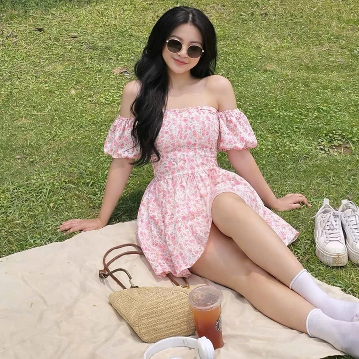 Váy hoa nhí cup ngực dáng xòe siêu xinh phong cách tiểu thư siêu xinh, Set váy hoa nhí tay bồng