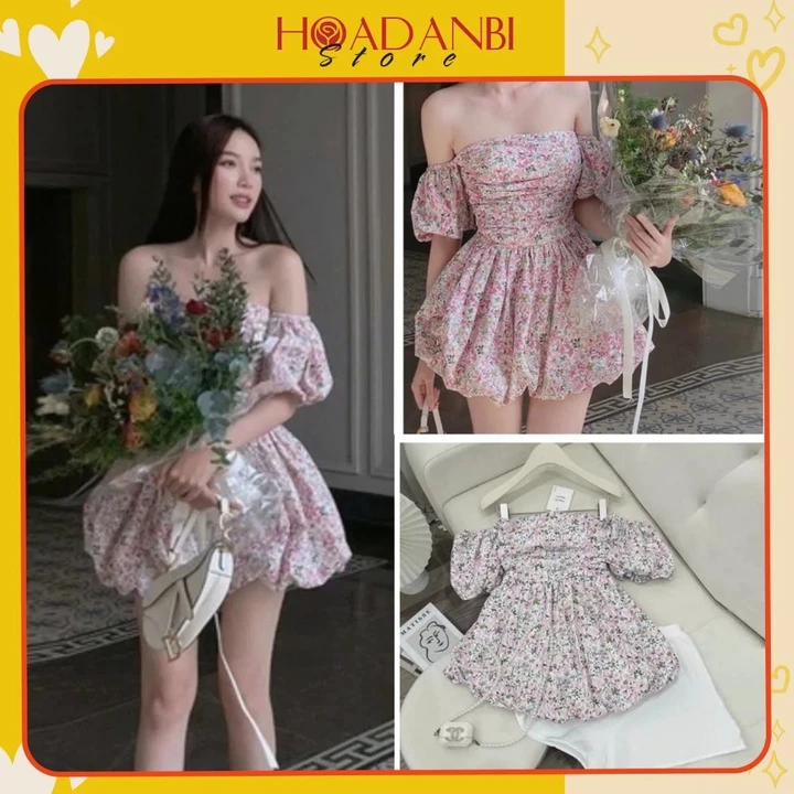 Váy hoa nhí cup ngực dáng xòe siêu xinh phong cách tiểu thư siêu xinh, Set váy hoa nhí tay bồng