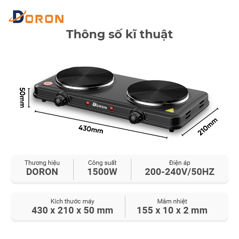 Bếp điện đôi, bếp điện đa năng DORON 3000W công suất cao, gia nhiệt kép không kén nồi
