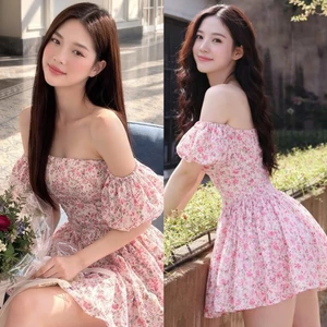 Váy hoa nhí cup ngực dáng xòe siêu xinh phong cách tiểu thư siêu xinh, Set váy hoa nhí tay bồng