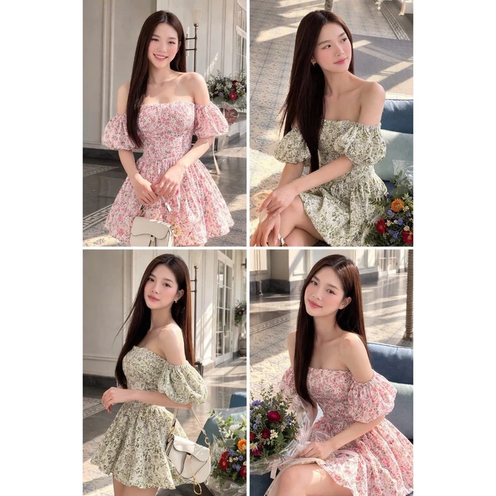 Váy hoa nhí cup ngực dáng xòe siêu xinh phong cách tiểu thư siêu xinh, Set váy hoa nhí tay bồng