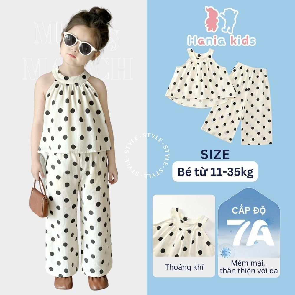 Set Bộ Bé Gái, Set Áo Cổ Yếm Kèm Quần Ống Suông Thiết Kế Chấm Bi Chất Liệu Cotton Mềm Mại