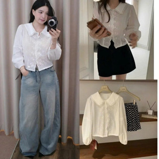 Áo Sơ Mi Cổ Sen Ren Hoa Hàn Quốc – Pure Blossom Blouse siêu xinh dành cho Nữ 247Store L100