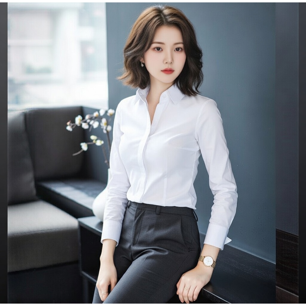 Áo sơ mi nữ màu trắng chất vải lụa kiểu áo dấu cúc CHIẾT EO GN1