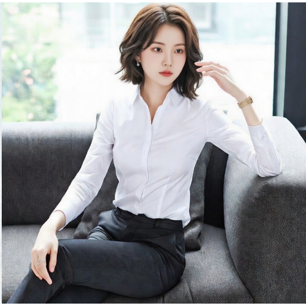 Áo sơ mi nữ màu trắng chất vải lụa kiểu áo dấu cúc CHIẾT EO GN1