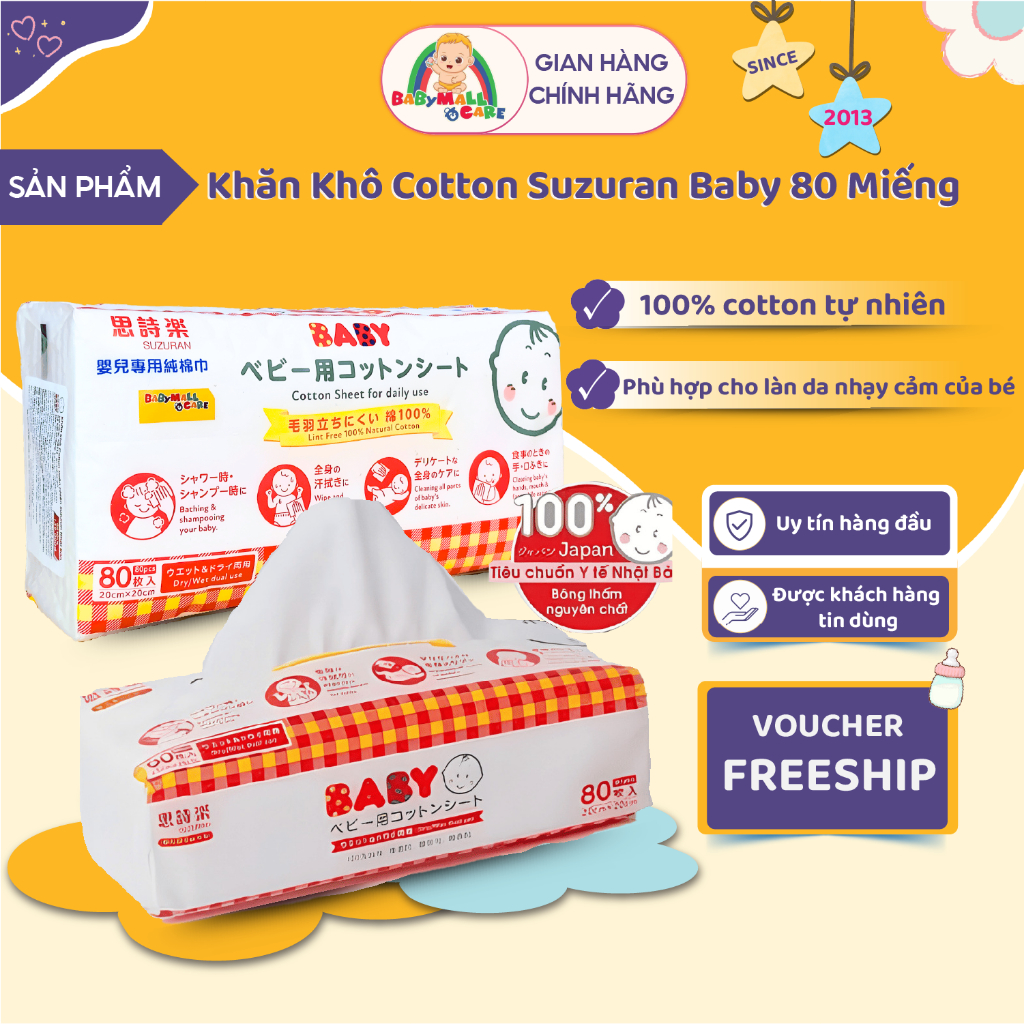 Khăn Khô Cotton Suzuran Baby Nhật 80 Miếng 100% Cotton Khô Lau Mặt Tắm Gội Cho Bé | Babymall & Care