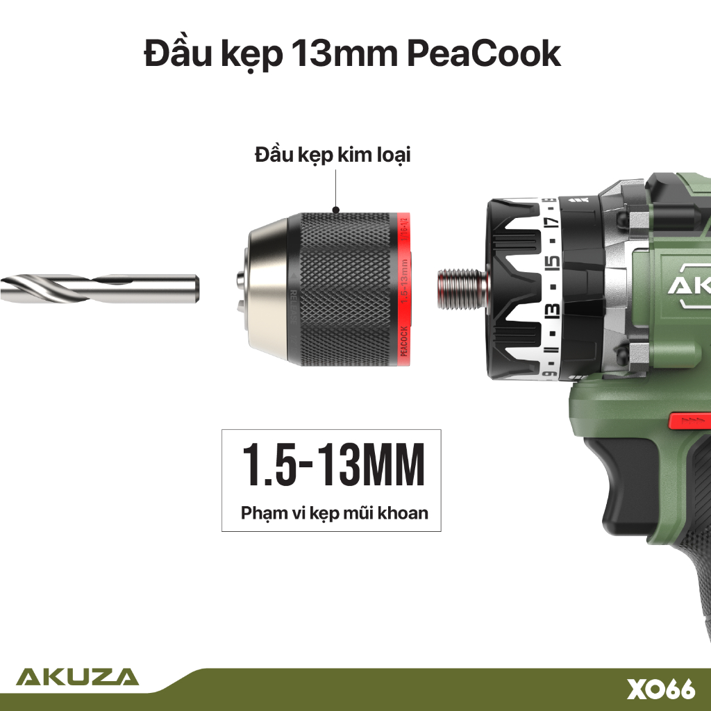 Thân máy khoan AKUZA X066,lực siết 65Nm, động cơ không chổi than, đầu kẹp 13mm chính hãng