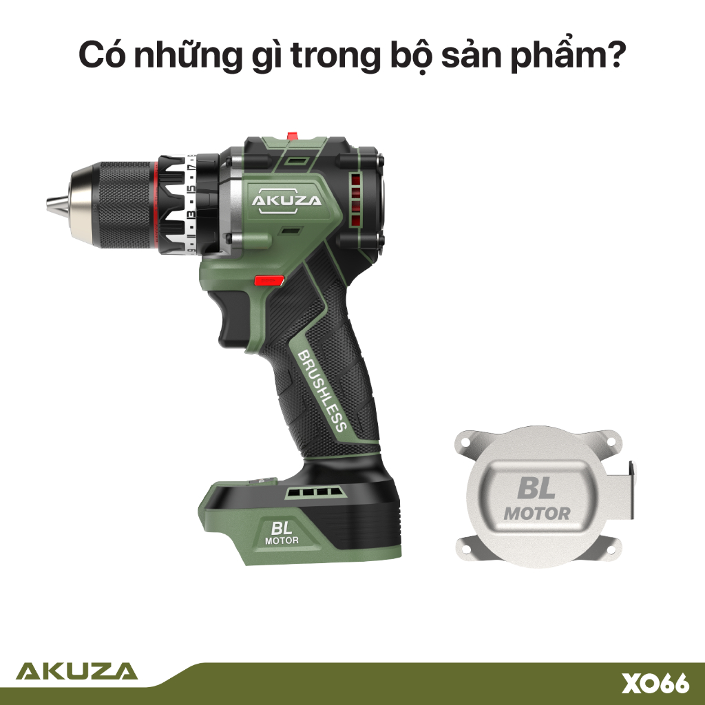 Thân máy khoan AKUZA X066,lực siết 65Nm, động cơ không chổi than, đầu kẹp 13mm chính hãng