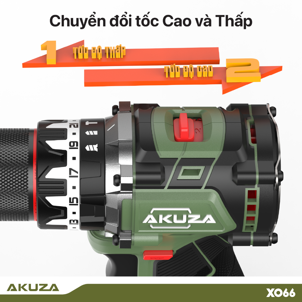 Thân máy khoan AKUZA X066,lực siết 65Nm, động cơ không chổi than, đầu kẹp 13mm chính hãng