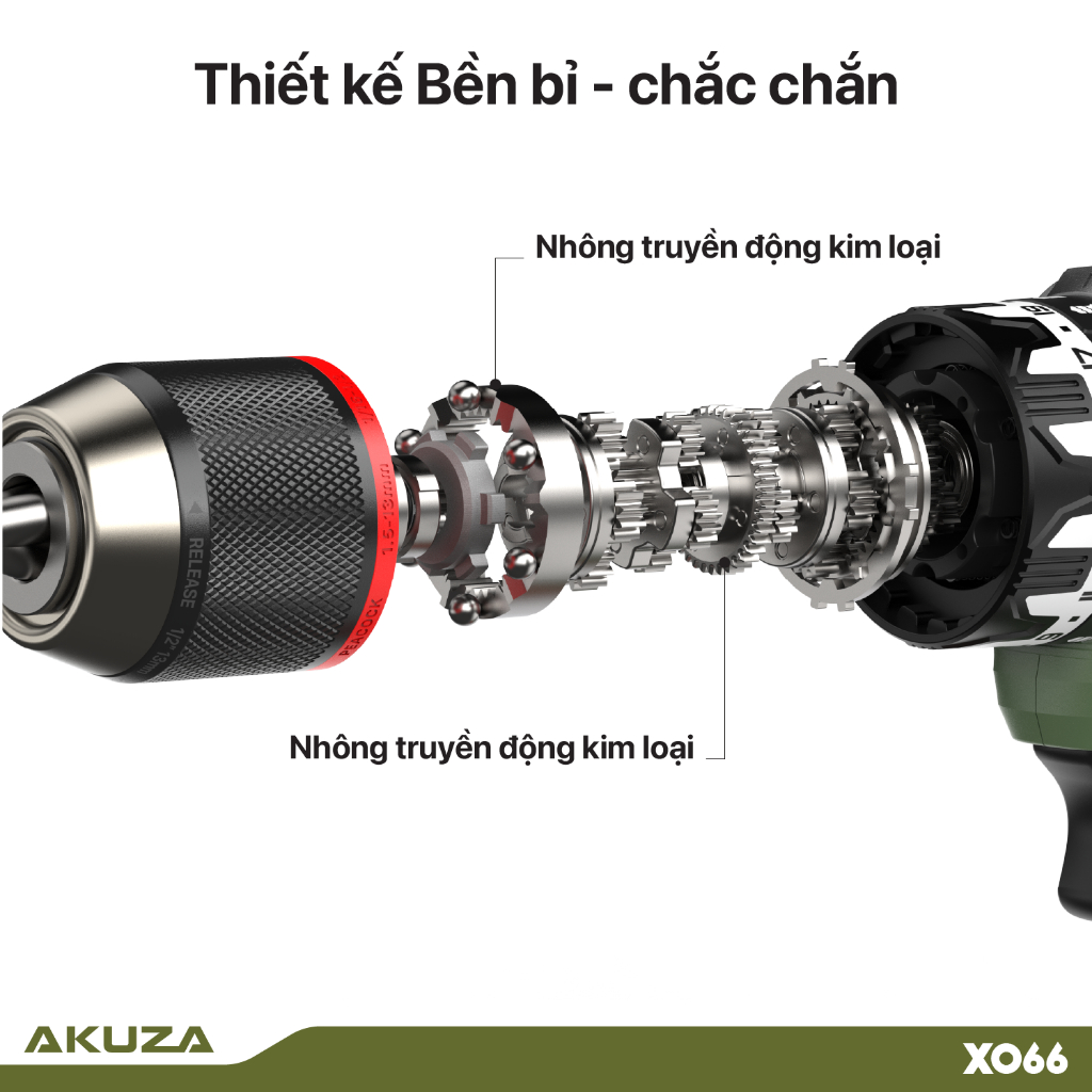 Thân máy khoan AKUZA X066,lực siết 65Nm, động cơ không chổi than, đầu kẹp 13mm chính hãng