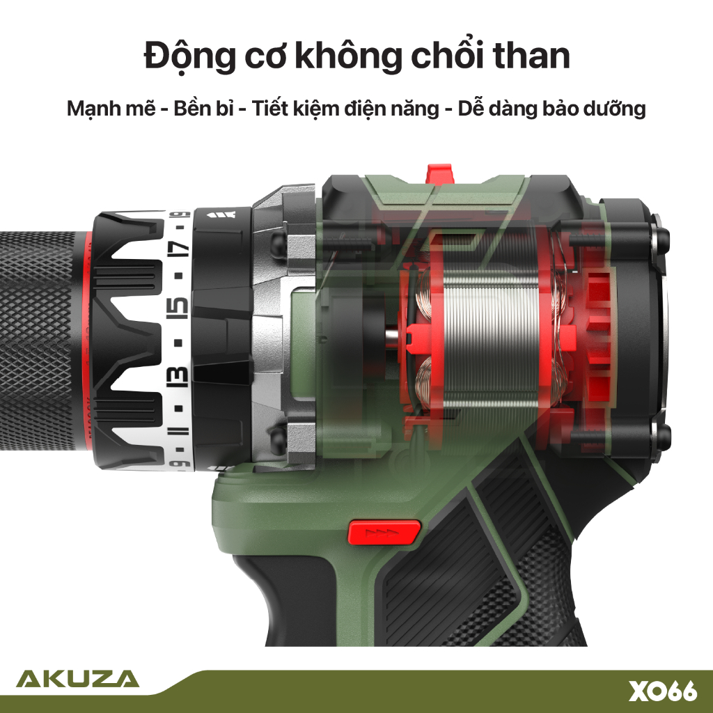 Thân máy khoan AKUZA X066,lực siết 65Nm, động cơ không chổi than, đầu kẹp 13mm chính hãng