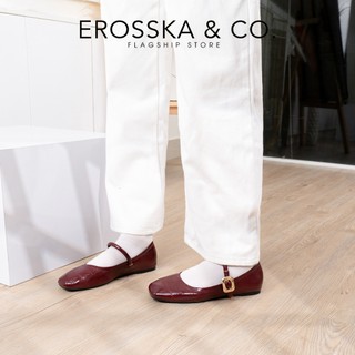 Erosska - Giày búp bê nữ ballet core mũi vuông, quai ngang phối khóa màu nâu  - EL084