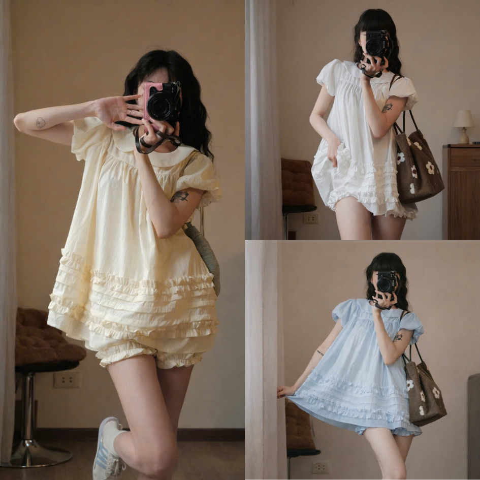 Áo babydoll cổ sen 2 lớp from rộng gấu viền bèo dễ thương LABEL A85