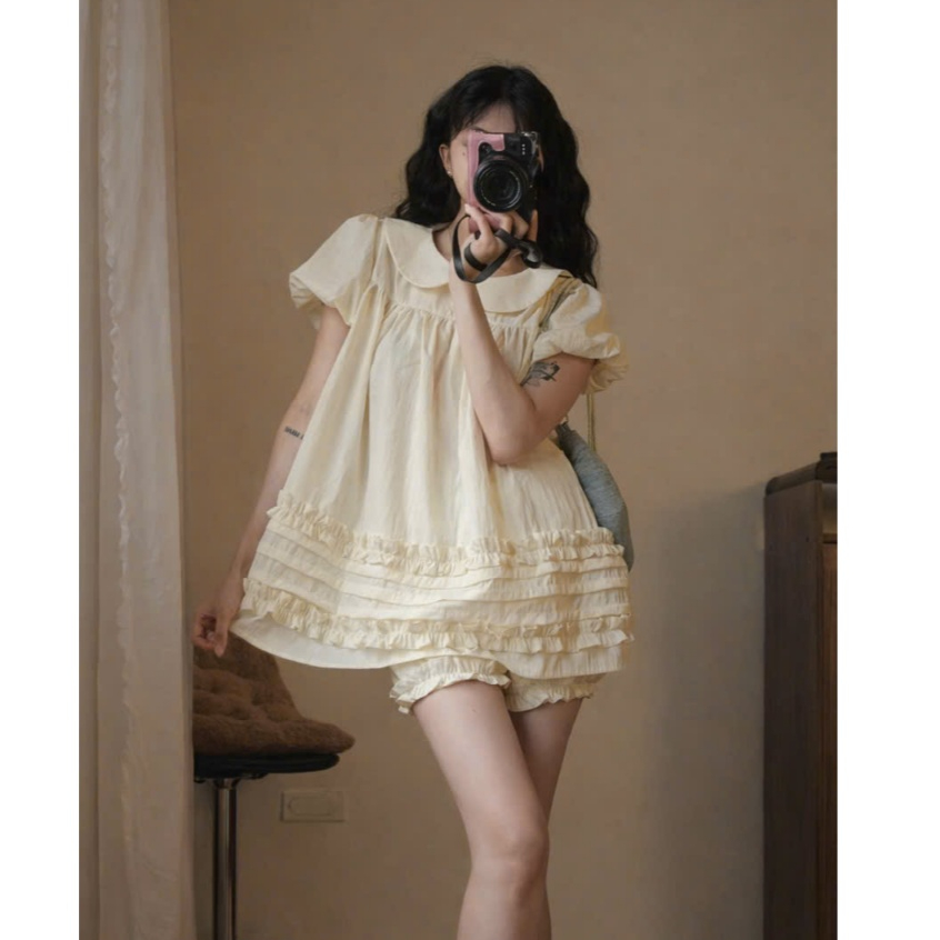 Áo babydoll cổ sen 2 lớp from rộng gấu viền bèo dễ thương LABEL A85