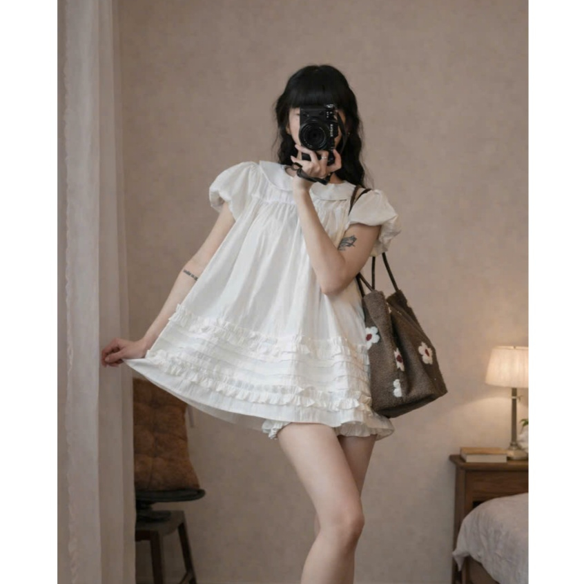 Áo babydoll cổ sen 2 lớp from rộng gấu viền bèo dễ thương LABEL A85