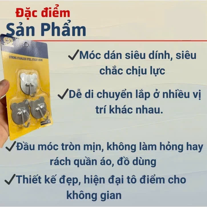 Vỉ 3 Móc Inox Dán Tường, Vỉ Móc Vàng