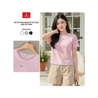 6ATC01 Áo phông nữ CARDINA kiểu dáng croptop chất cotton cộc tay cổ tròn phối ren 6ATC01