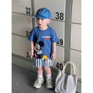 (Tặng Kèm Mũ) Set Bộ cộc tay bé trai hình mickey ngộ nghĩnh, quần sọc chất cotton mềm mát cho bé