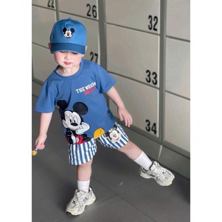 (Tặng Kèm Mũ) Set Bộ cộc tay bé trai hình mickey ngộ nghĩnh, quần sọc chất cotton mềm mát cho bé