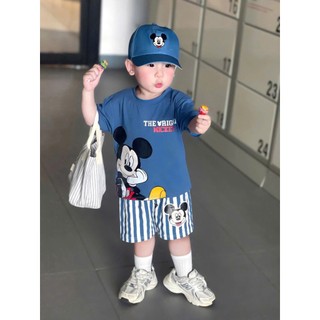 (Tặng Kèm Mũ) Set Bộ cộc tay bé trai hình mickey ngộ nghĩnh, quần sọc chất cotton mềm mát cho bé