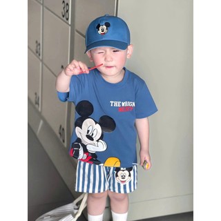 (Tặng Kèm Mũ) Set Bộ cộc tay bé trai hình mickey ngộ nghĩnh, quần sọc chất cotton mềm mát cho bé