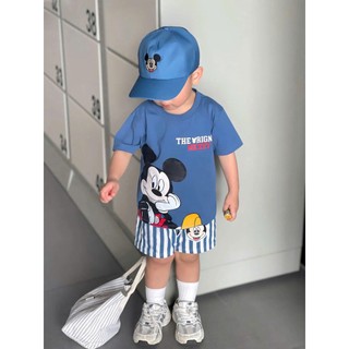 (Tặng Kèm Mũ) Set Bộ cộc tay bé trai hình mickey ngộ nghĩnh, quần sọc chất cotton mềm mát cho bé