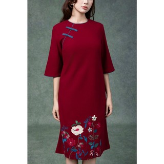SWANLAKE | Váy Đầm Nữ Midi Suông Cổ Tròn Tay Lỡ Chất Vải Linen Thêu Hoa Cao Cấp Đi Tiệc D13228